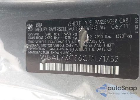 2012 BMW 650I from USA, damaged, VIN WBALZ3C56CDL71752
